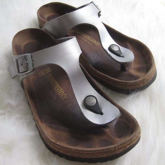 Birkenstock Gizeh Birko-Flor Metallic Leather T-Strap Sandals Silver 38 - Picture 1 of 8